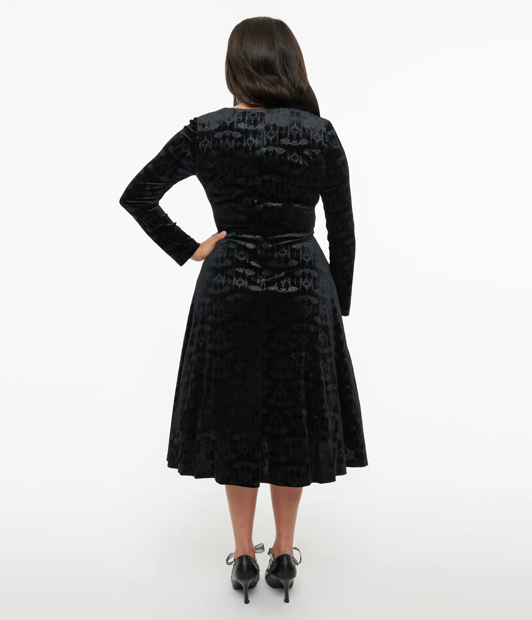 1950s Black Velvet Bat Print Fit & Flare Dress sold by Unique Vintage product image thumbnail 3