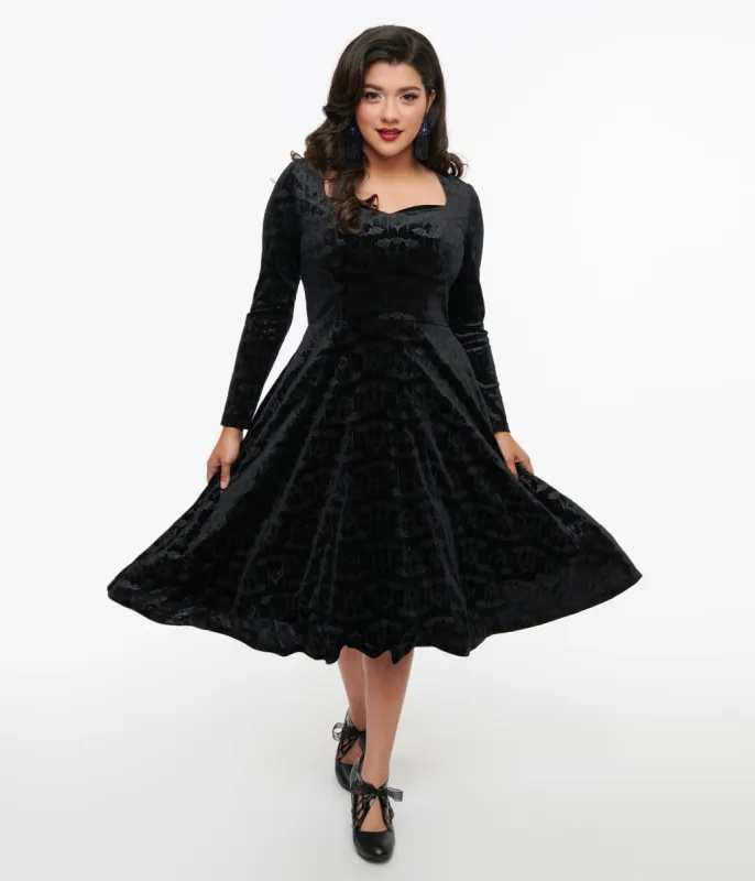 1950s Black Velvet Bat Print Fit & Flare Dress sold by Unique Vintage