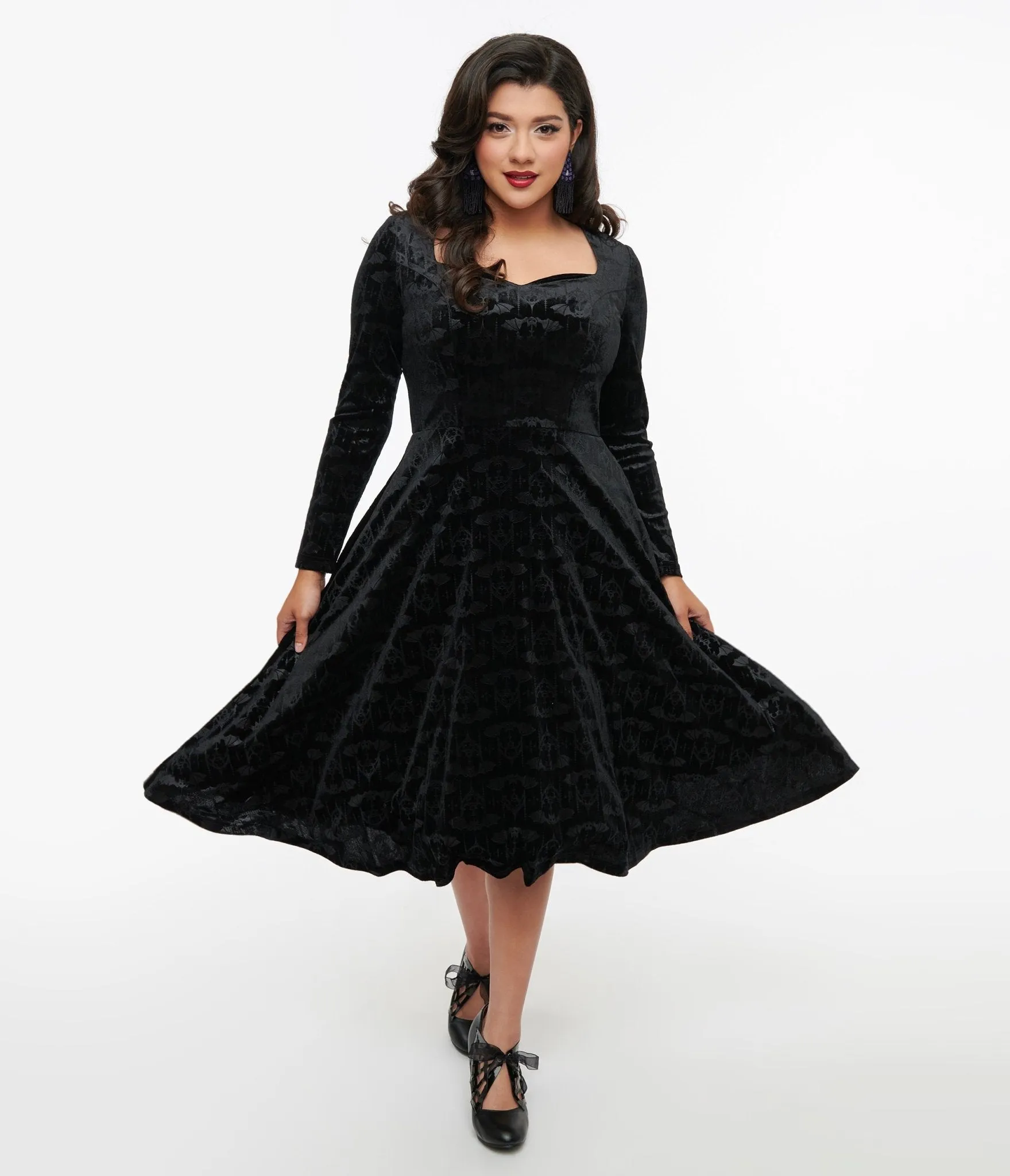 1950s Black Velvet Bat Print Fit & Flare Dress sold by Unique Vintage