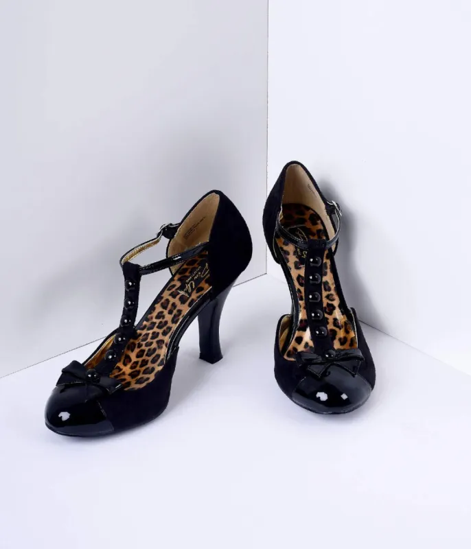 Black Microsuede Button Up T-Strap Heels made by Pleaser