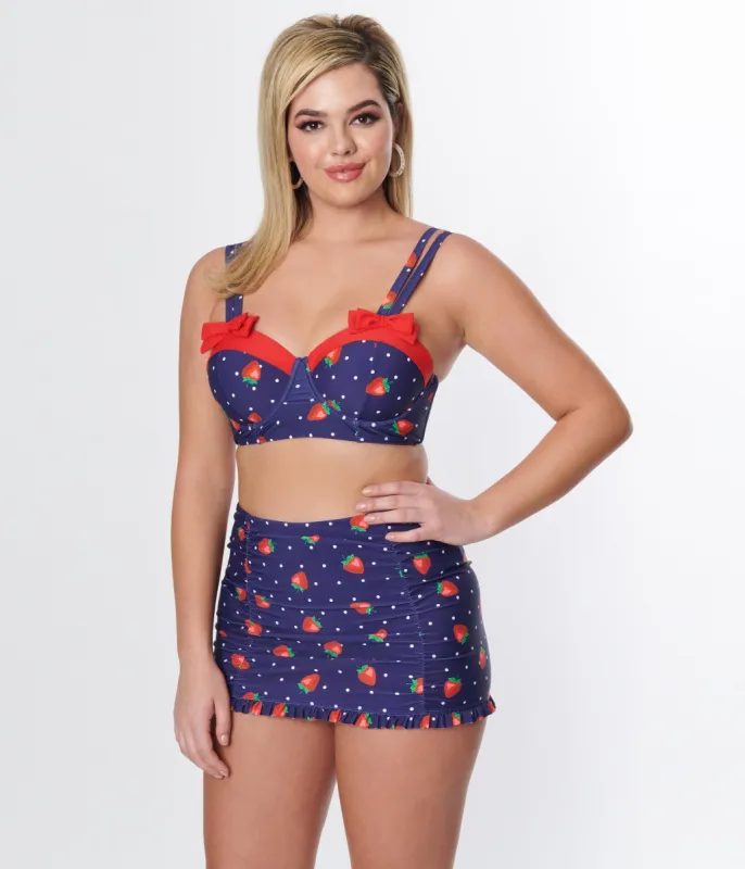 Unique Vintage Navy Strawberry Pin Dot Ruffled Swim Skirt sold by Unique Vintage