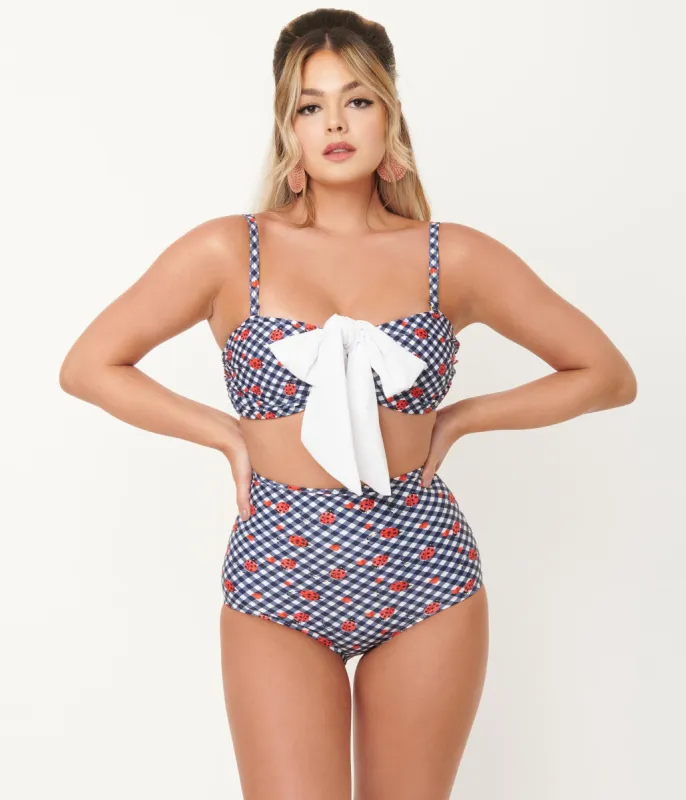 Unique Vintage Navy Gingham & Ladybug Print High Waist Louise Swim Bottom sold by Unique Vintage
