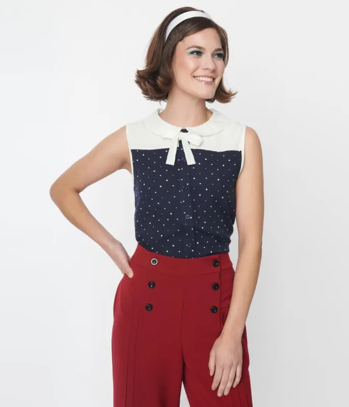 Navy & Ivory Pin Dot Bow Top sold by Unique Vintage