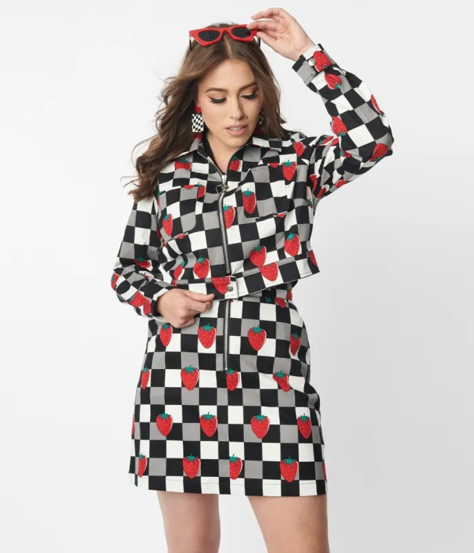 Hell Bunny Black & White Check & Strawberry Denim Jacket sold by Unique Vintage
