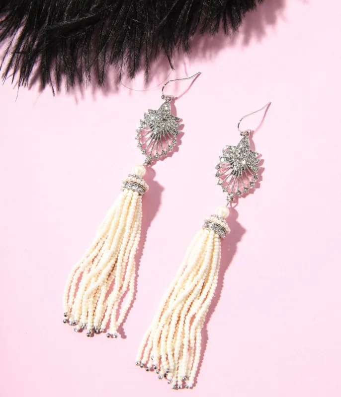 1920s Silver & White Beaded Deco Tassel Dangle Earrings sold by Unique Vintage