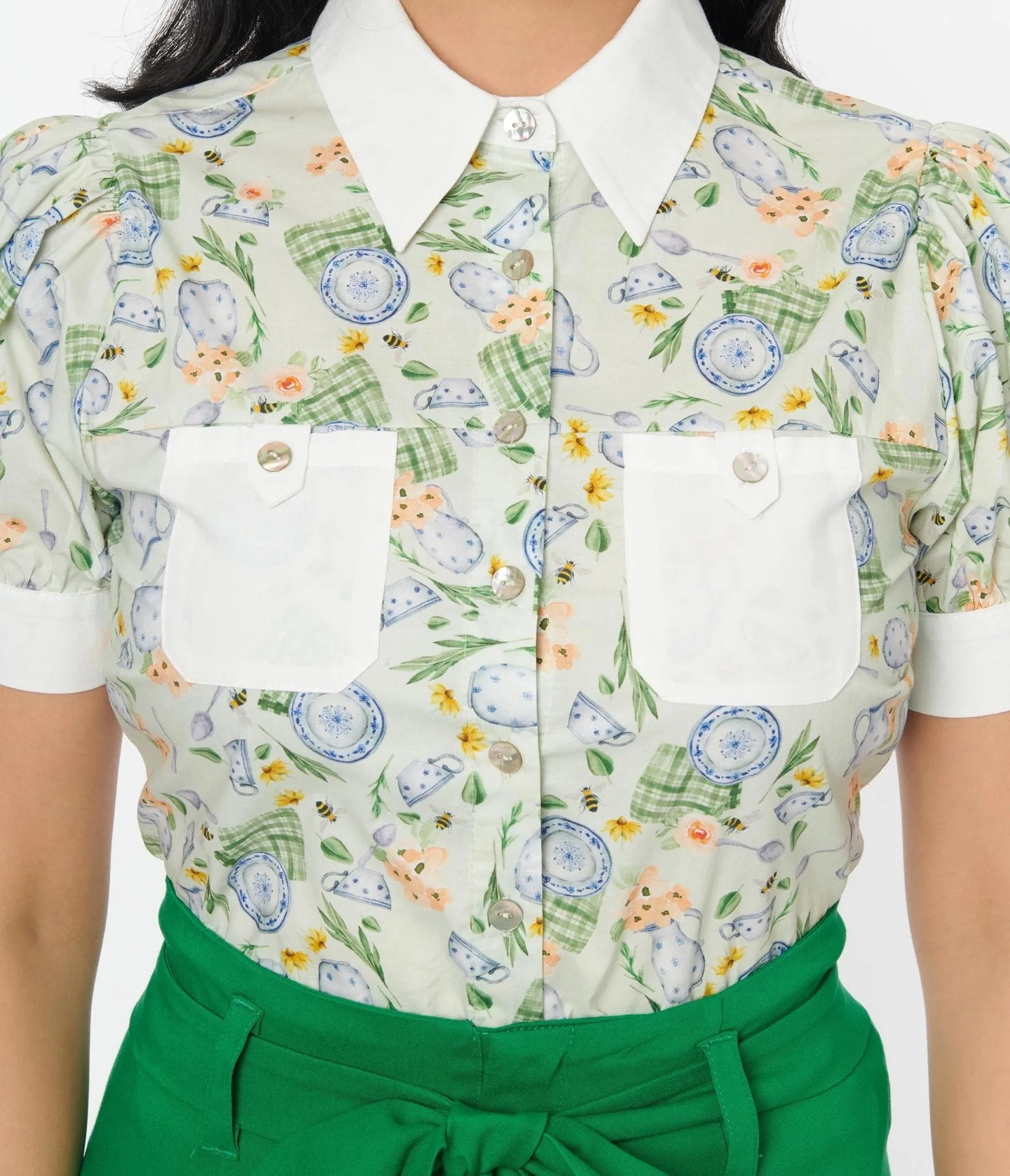 Unique Vintage 1940s White & Sage Teacup Puff Sleeve Blouse sold by Unique Vintage product image thumbnail 2