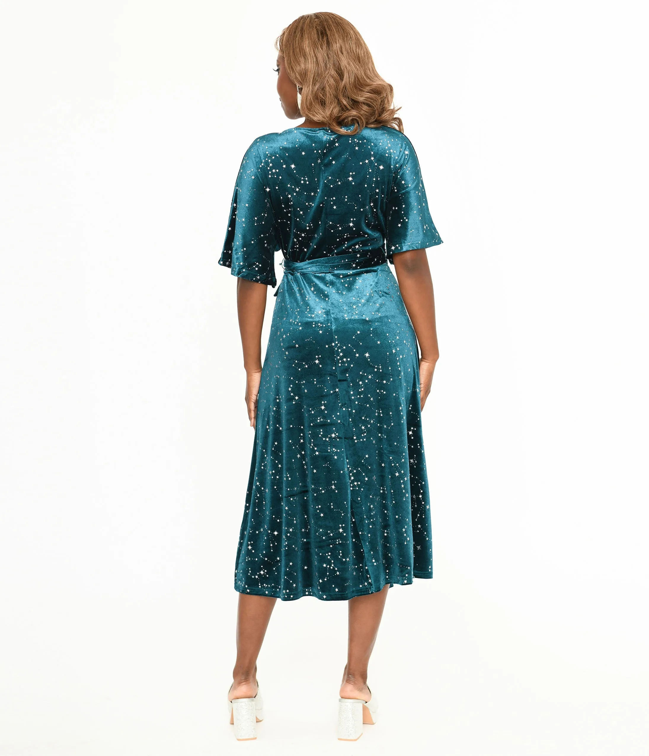 Unique Vintage 1970s Teal Velvet & Silver Stars Wrap Midi Dress sold by Unique Vintage product image thumbnail 3