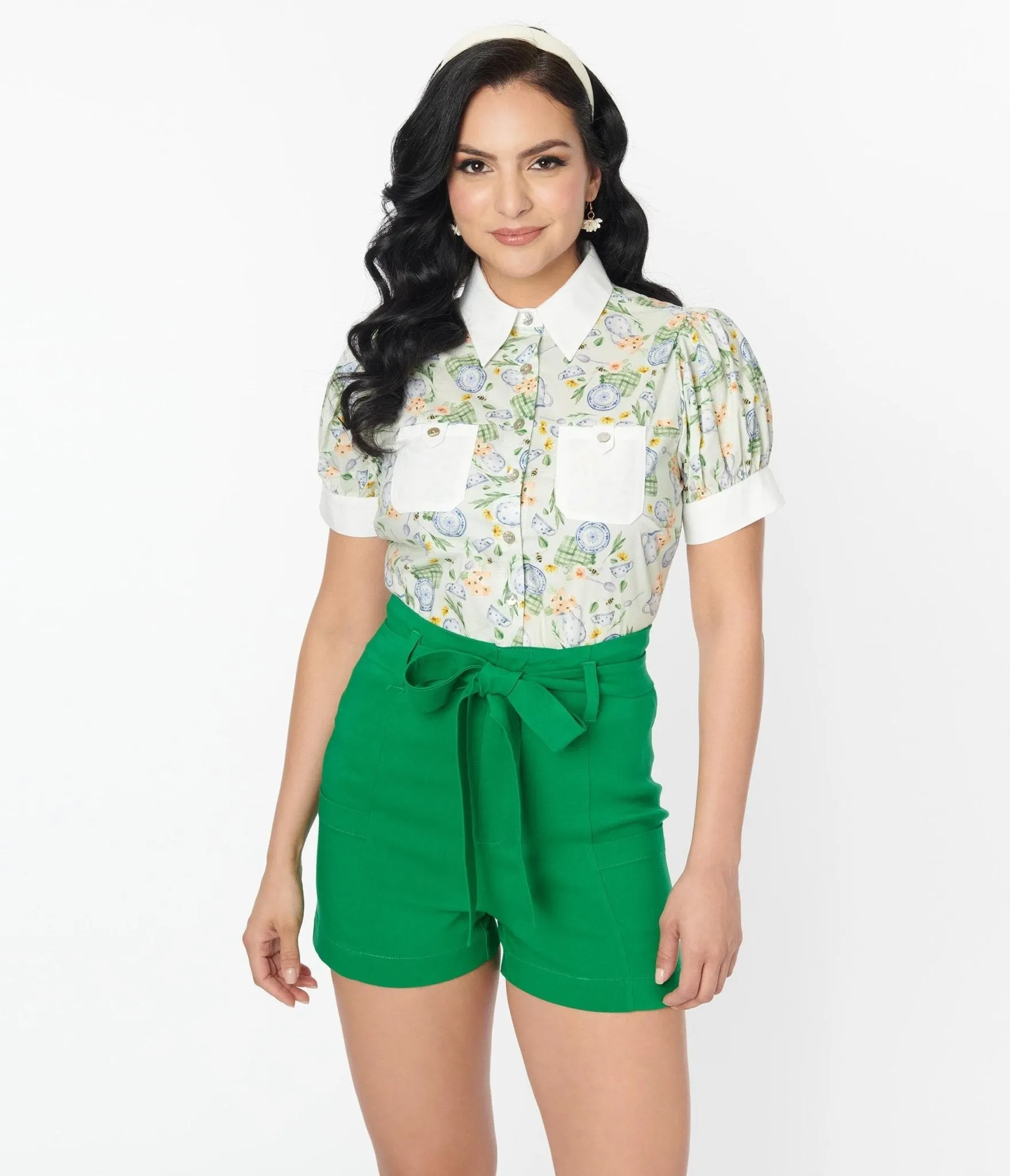 Unique Vintage 1940s White & Sage Teacup Puff Sleeve Blouse sold by Unique Vintage product image thumbnail 4