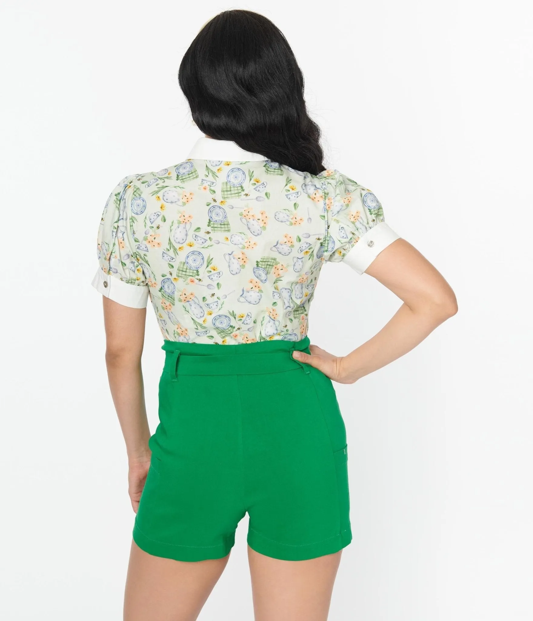 Unique Vintage 1940s White & Sage Teacup Puff Sleeve Blouse sold by Unique Vintage product image thumbnail 3