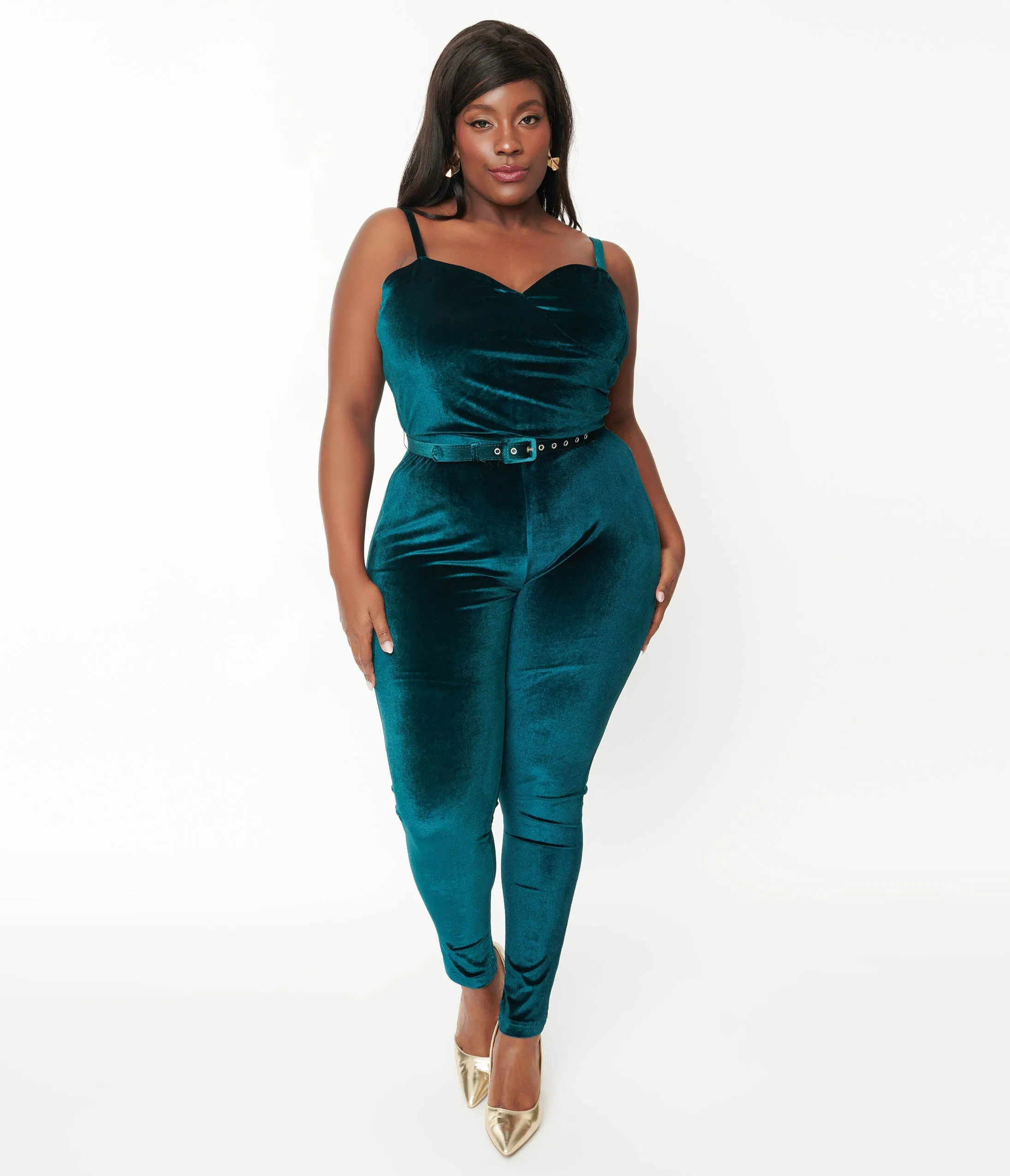 Unique Vintage Plus Size 1970s Teal Velvet Jumpsuit sold by Unique Vintage
