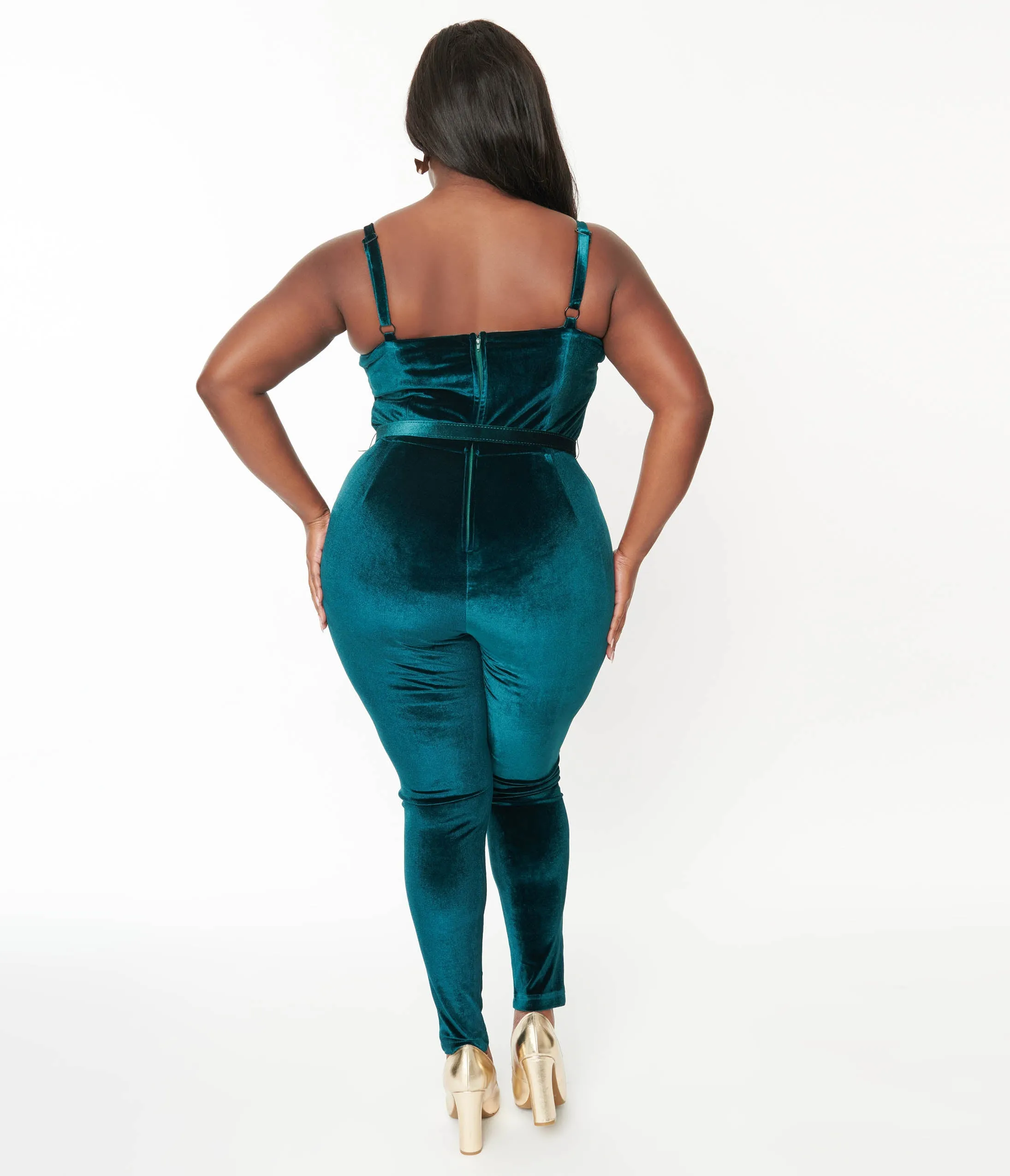 Unique Vintage Plus Size 1970s Teal Velvet Jumpsuit sold by Unique Vintage product image thumbnail 3