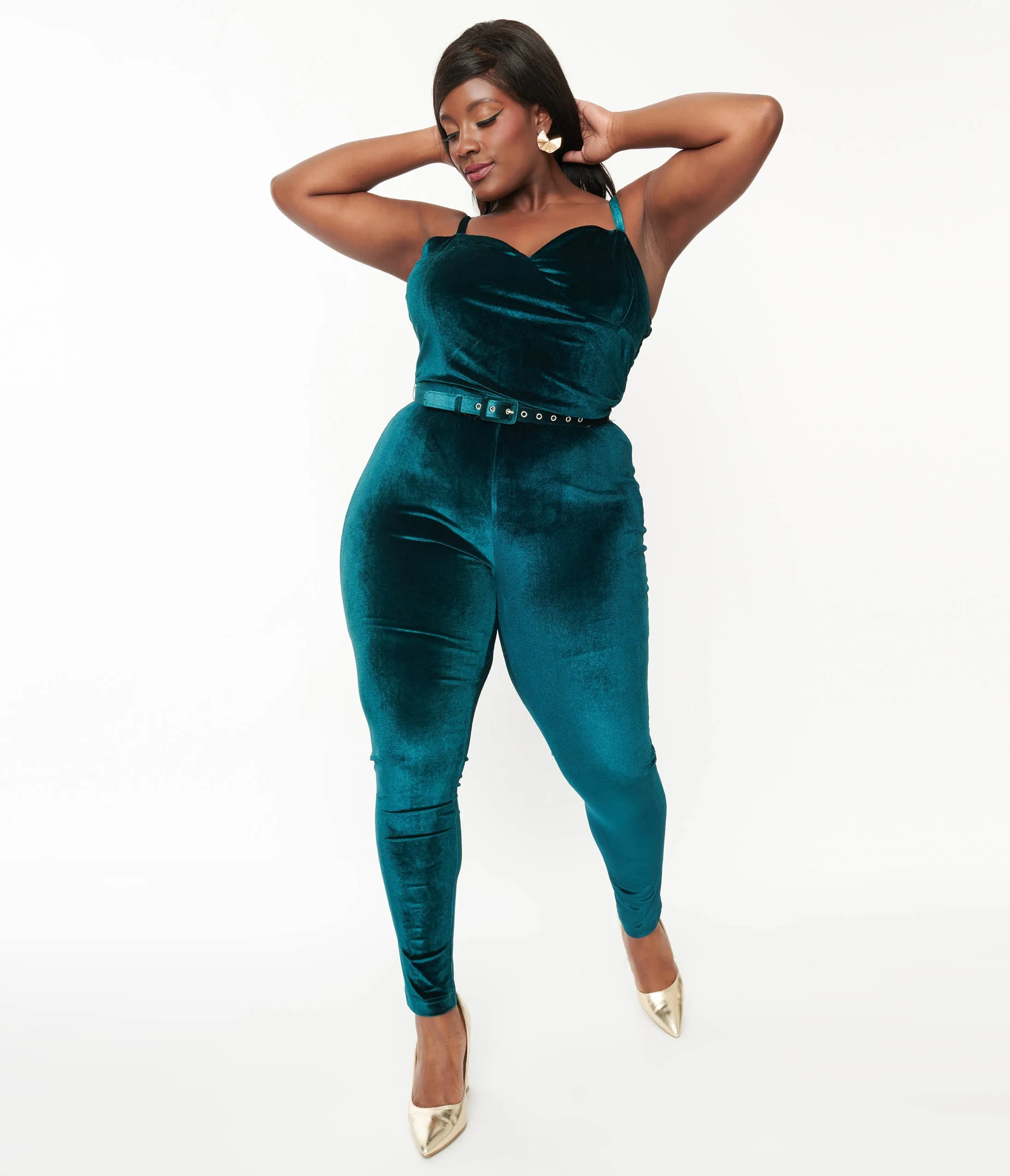Unique Vintage Plus Size 1970s Teal Velvet Jumpsuit sold by Unique Vintage product image thumbnail 2