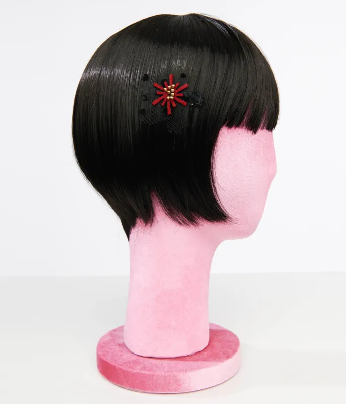 Unique Vintage Burgundy & Black Mesh Floral Hair Clip sold by Unique Vintage