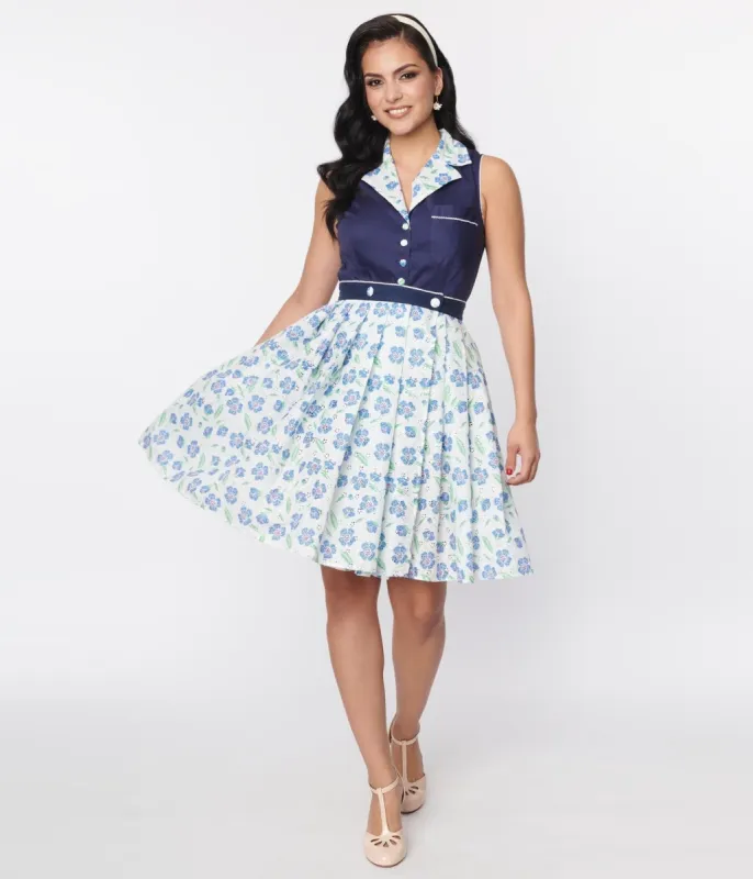 Unique Vintage White & Blue Floral Eyelet Collins Wrap Swing Skirt sold by Unique Vintage