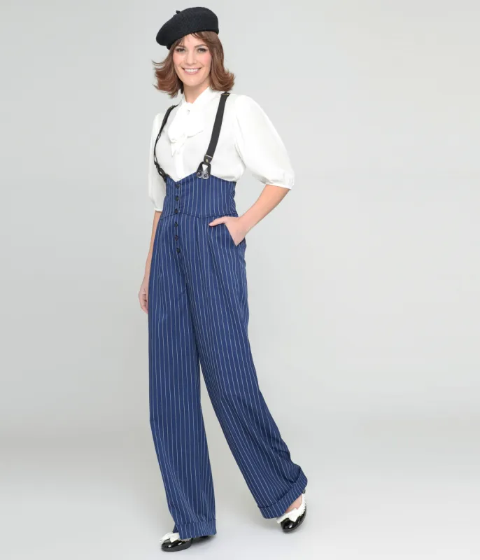 Unique Vintage 1930s Navy & White Pinstripe Thelma Suspender Pants sold by Unique Vintage
