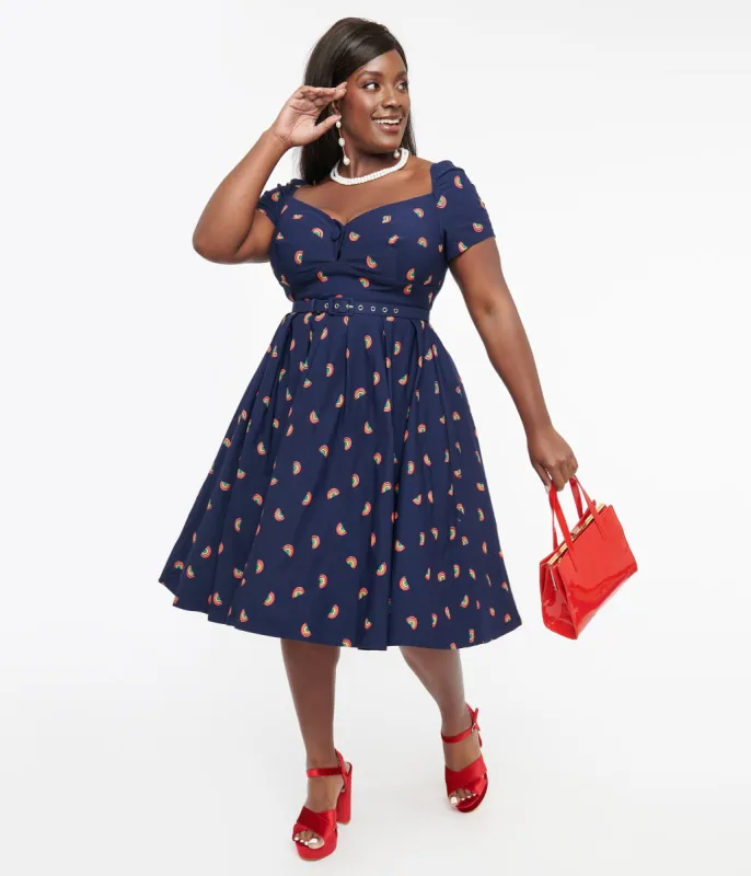 Unique Vintage Plus Size 1950s Navy & Rainbow Stamp Midge Swing Dress sold by Unique Vintage