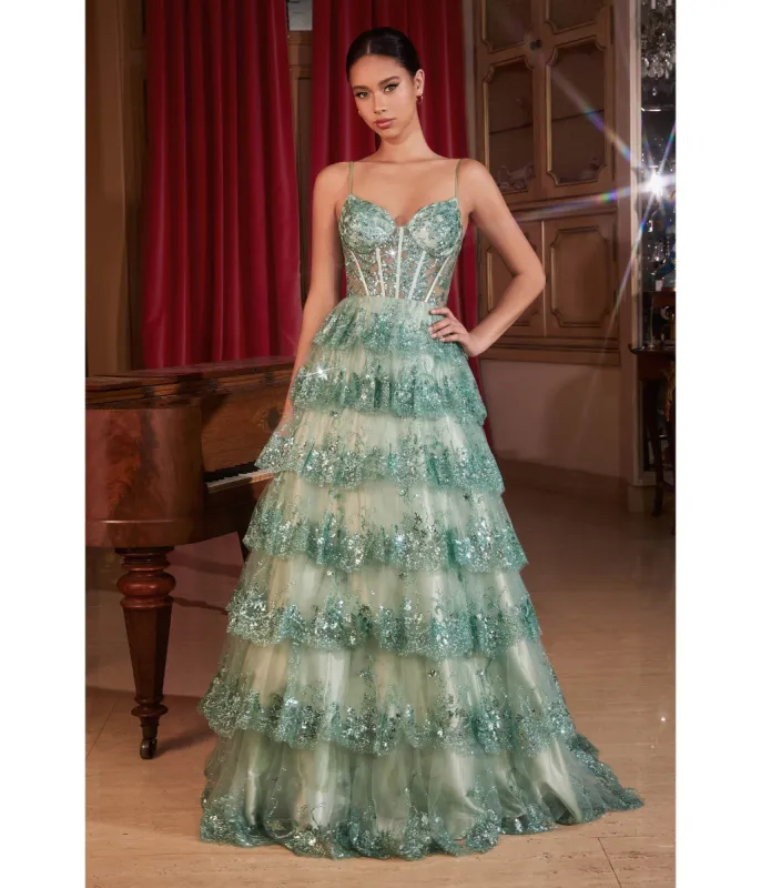 Ladivine by Cinderella Divine Sage Sparkle Tiered Prom Dress sold by Unique Vintage