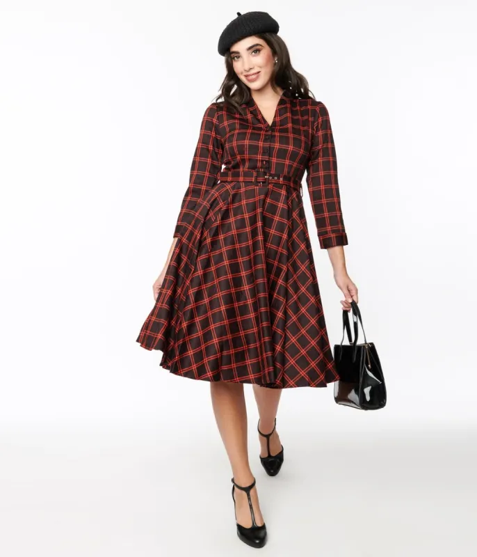 Black & Orange Windowpane Belted Swing Dress sold by Unique Vintage