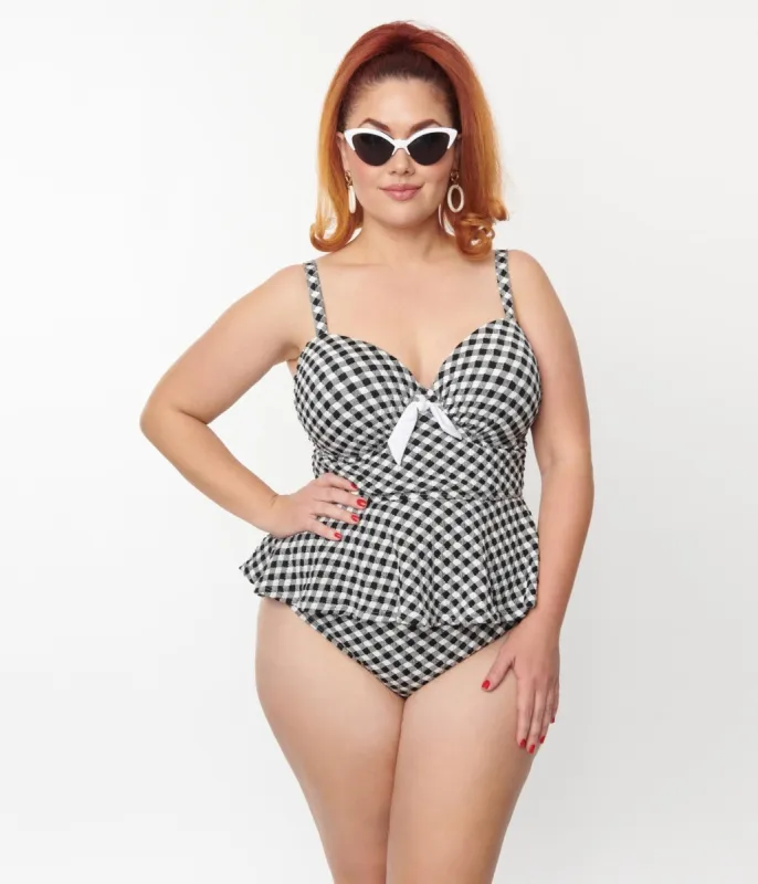 Unique Vintage Plus Size Black & White Gingham Daphne Swim Bottoms sold by Unique Vintage