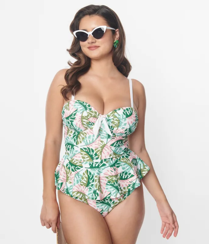 Unique Vintage Green & Pink Monstera Leaf Daphne Swim Bottoms sold by Unique Vintage