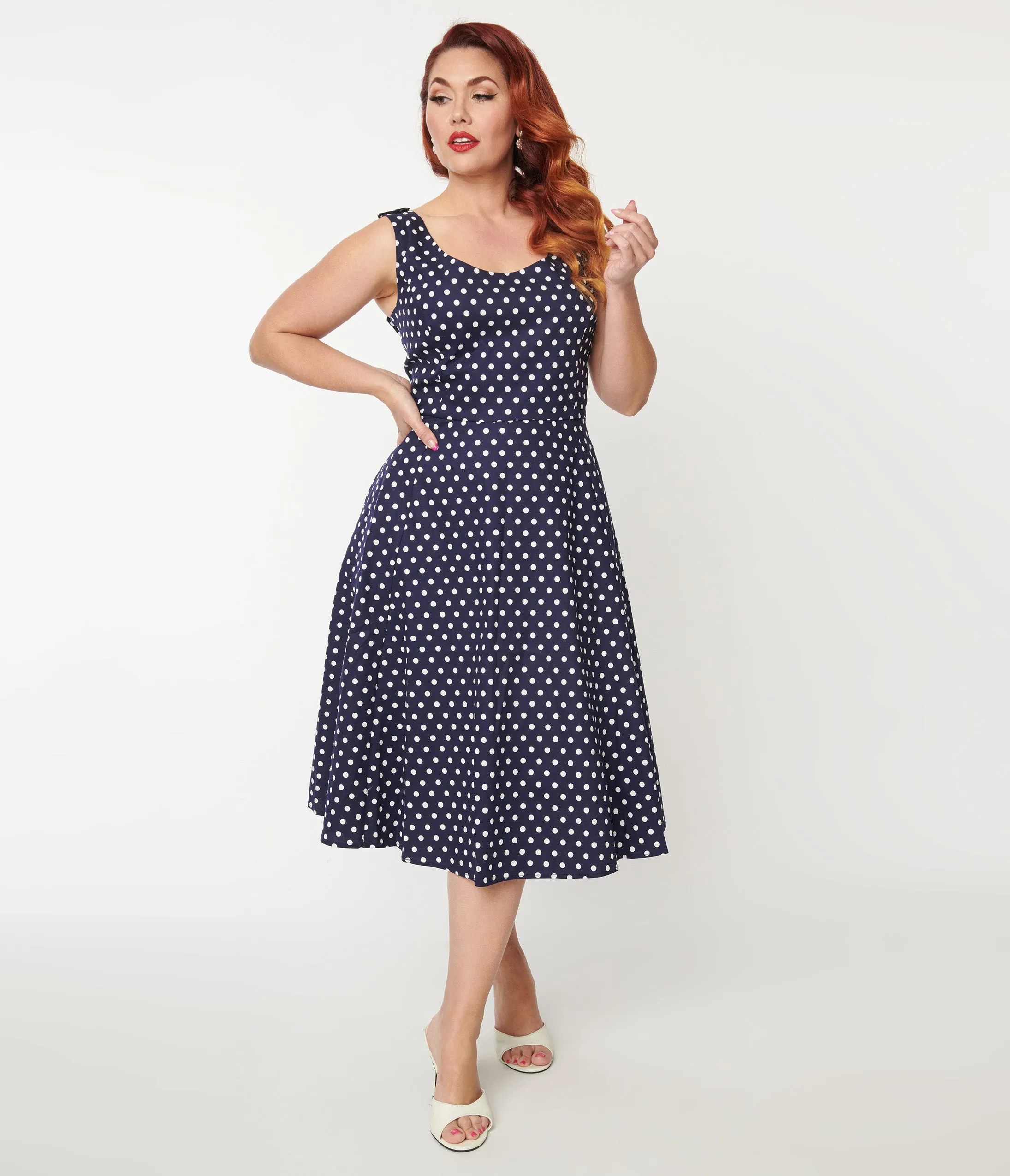 Plus Size Navy & White Polka Dot Swing Dress sold by Unique Vintage
