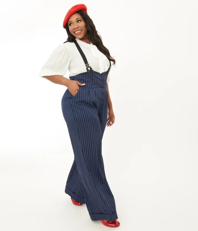 Unique Vintage Plus Size Navy & White Pinstripe Thelma Suspender Pants sold by Unique Vintage