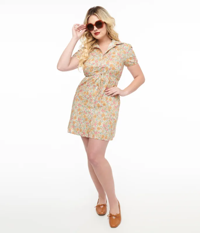 Yellow Floral Cotton Shirt Dress sold by Unique Vintage