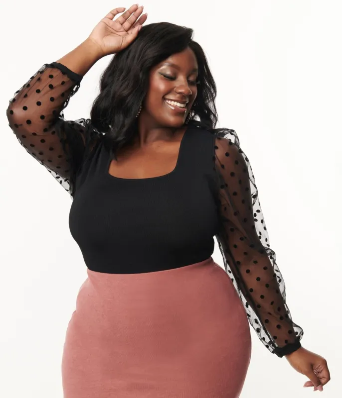 Plus Size Black Polka Dot Sheer Sleeve Top sold by Unique Vintage