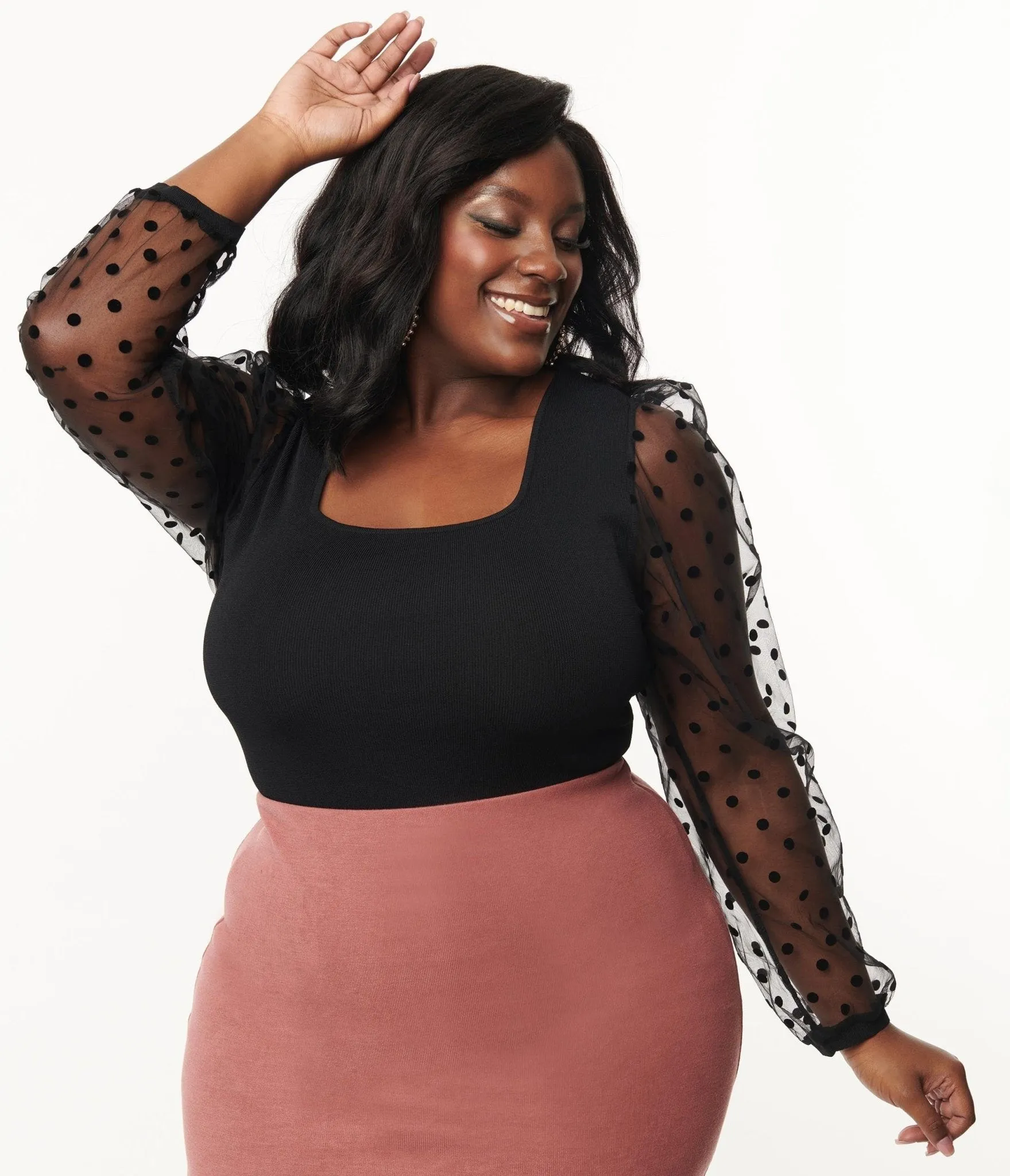 Plus Size Black Polka Dot Sheer Sleeve Top sold by Unique Vintage