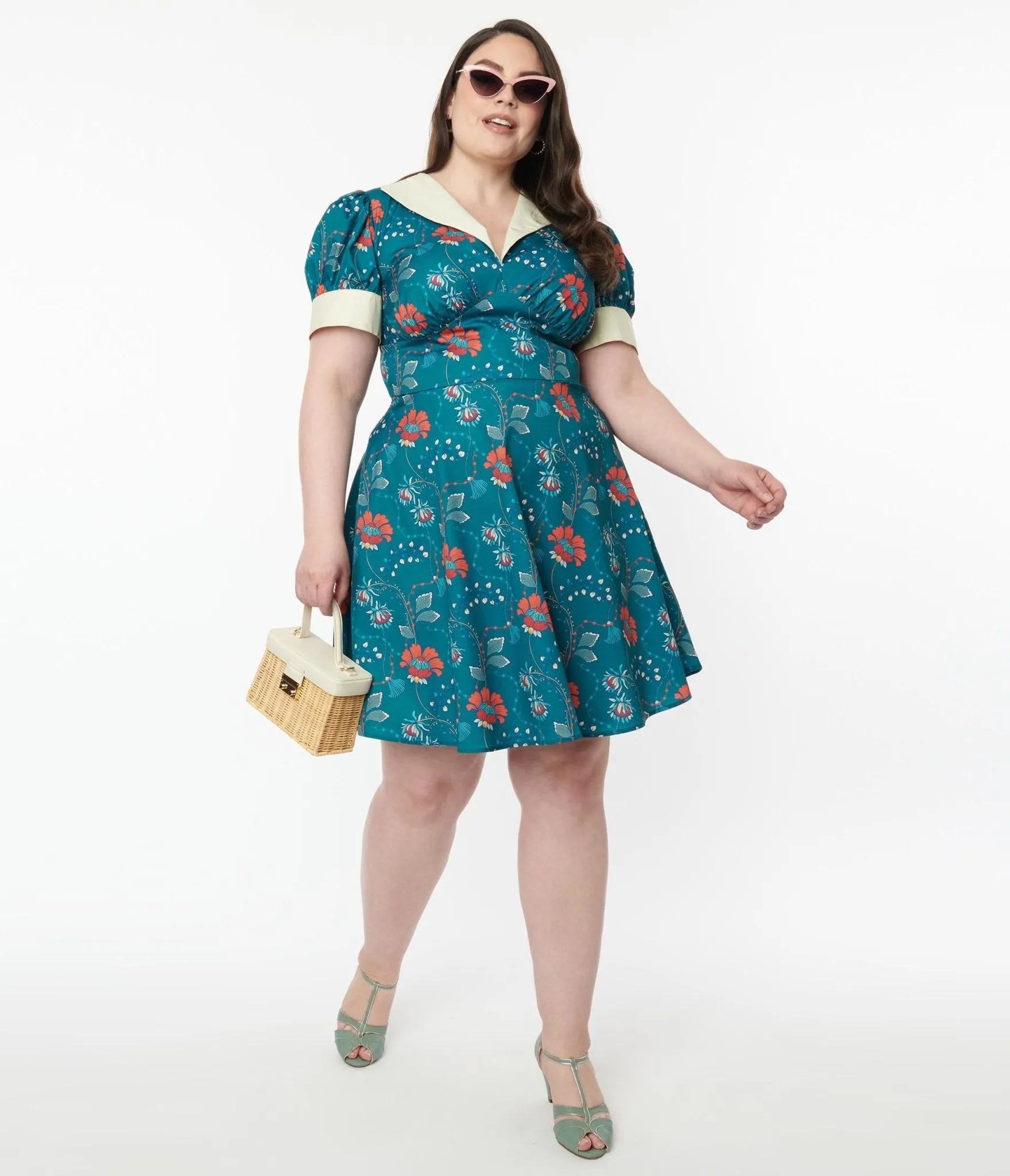 Unique Vintage Plus Size 1940s Teal & Red Floral Chain Print Swing Dress sold by Unique Vintage