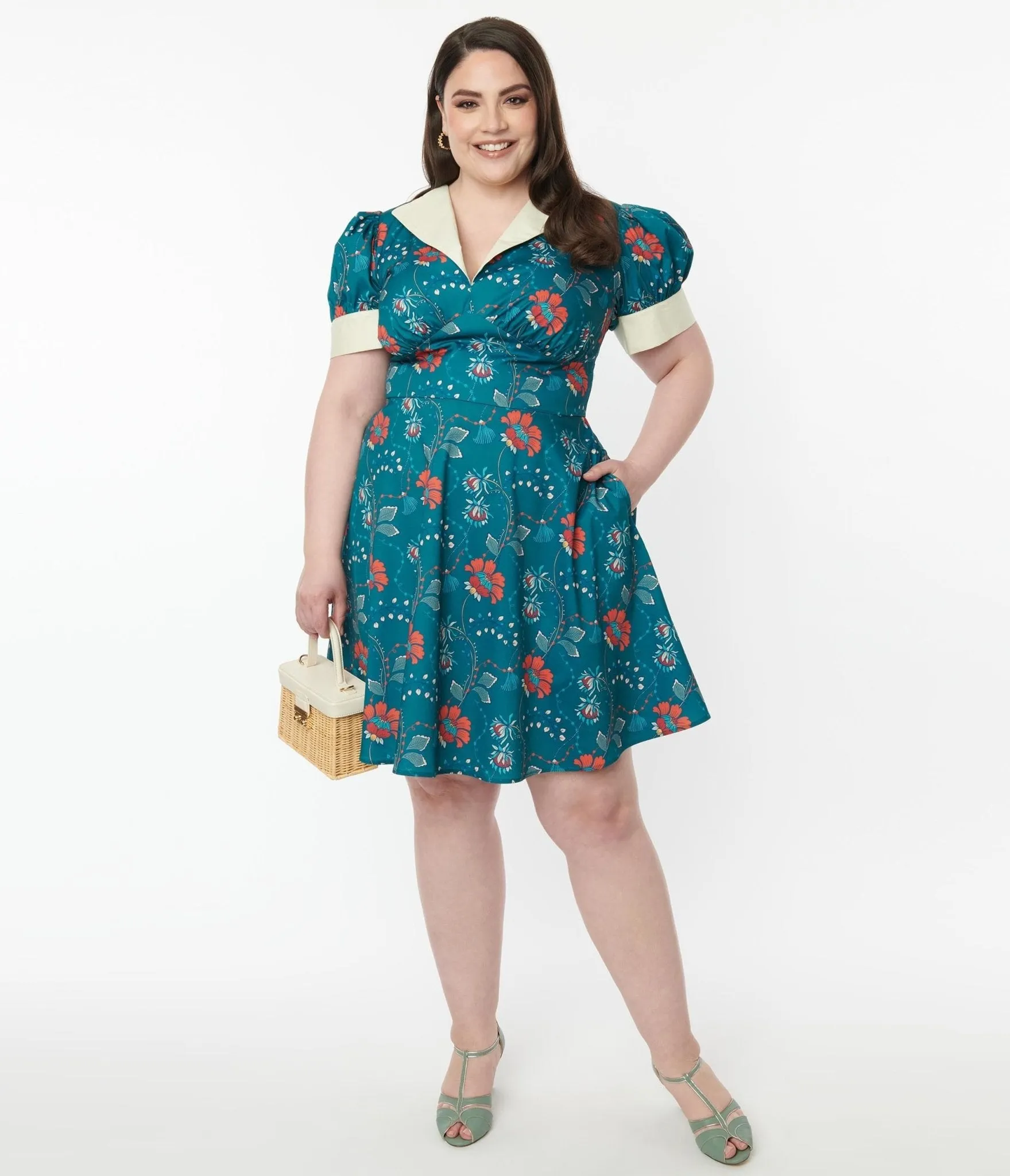 Unique Vintage Plus Size 1940s Teal & Red Floral Chain Print Swing Dress sold by Unique Vintage product image thumbnail 5