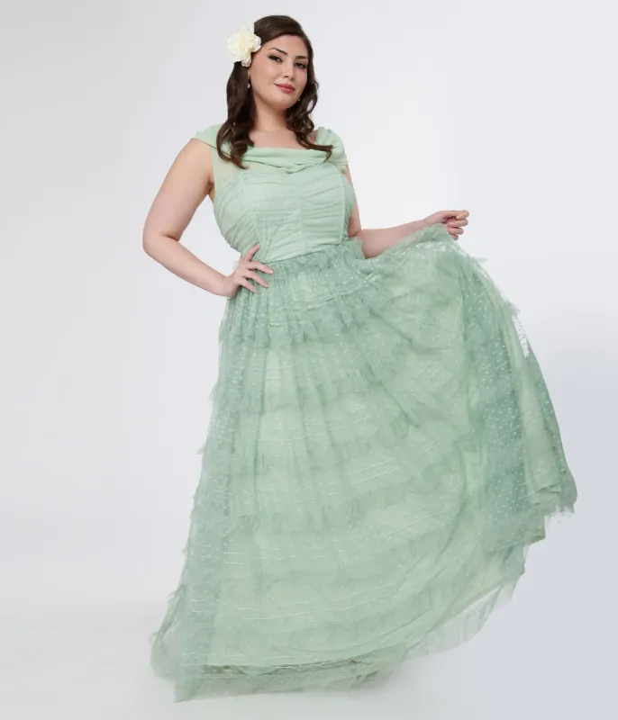 Unique Vintage Plus Size 1950s Mint Green Clip Dot Off The Shoulder Cocktail Dress made by Unique Vintage