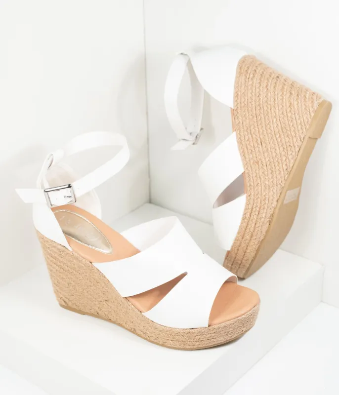 White Leatherette Espadrille Wedge Sandals sold by Unique Vintage