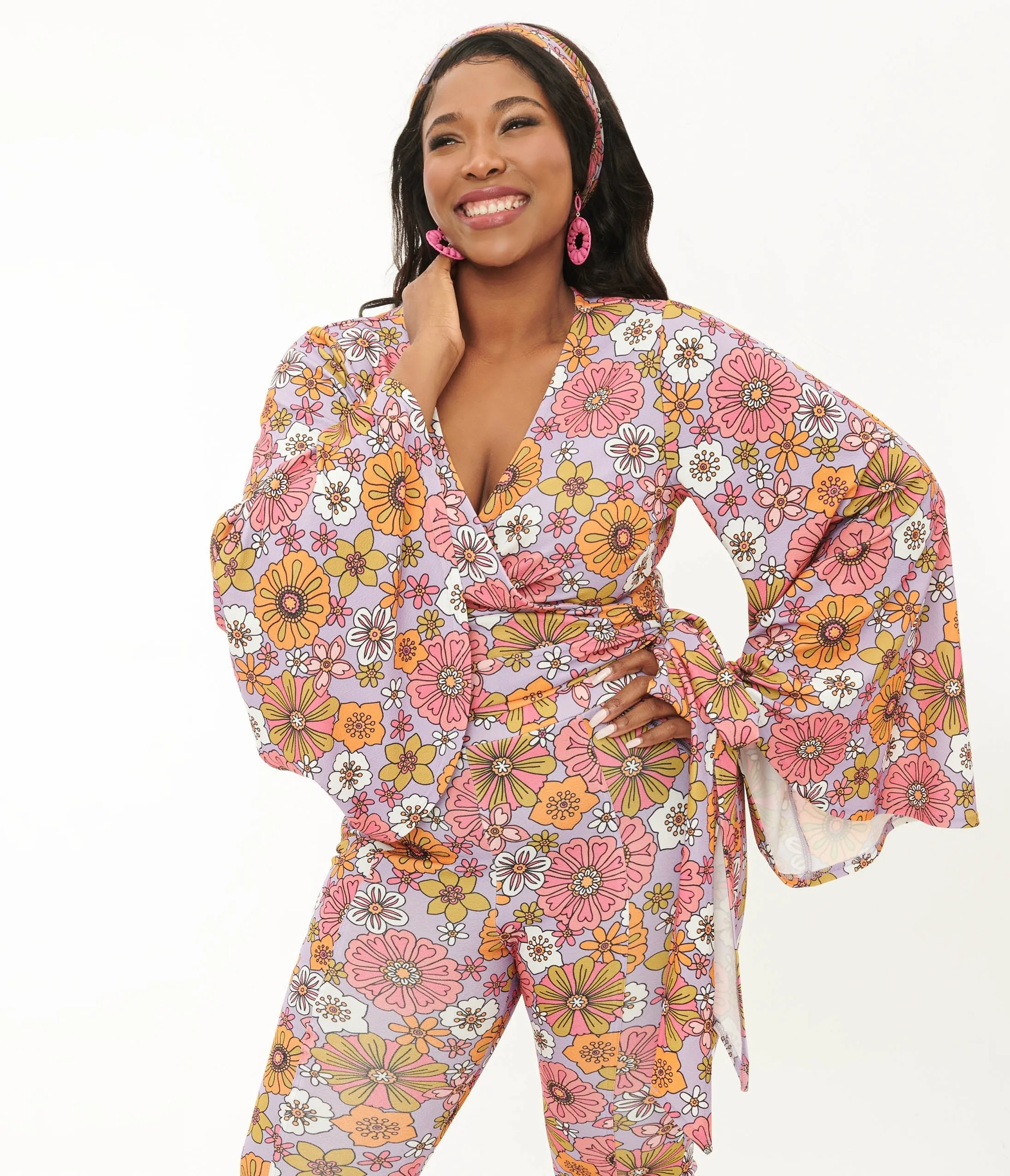 Smak Parlour Plus Size 1970s Lavender Retro Bloom Bell Sleeve Wrap Top sold by Unique Vintage