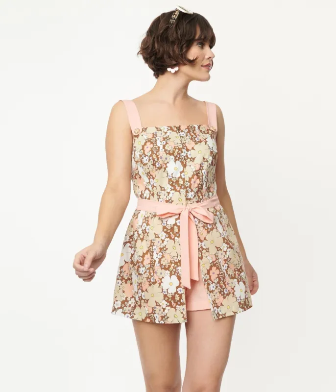 Smak Parlour Pink & Brown Floral Sweet & Sassy Skirted Romper sold by Unique Vintage