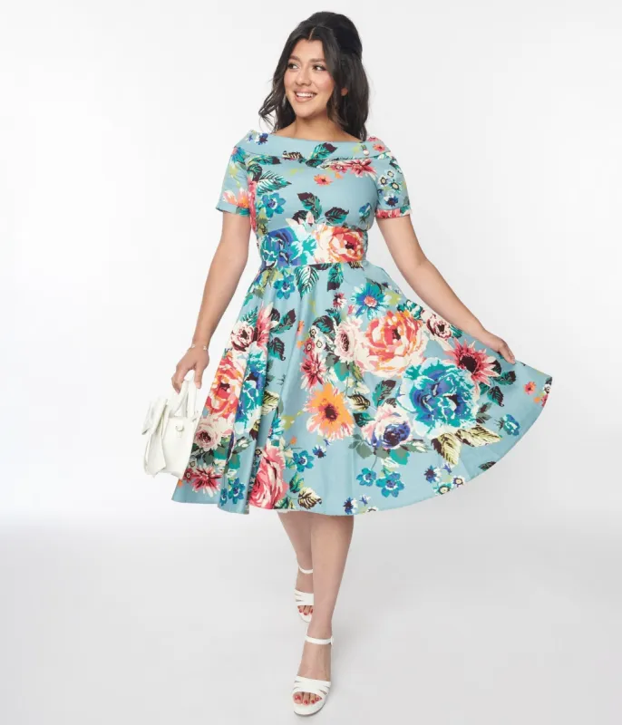 Dolly & Dotty Teal & Multicolor Floral Swing Dress sold by Unique Vintage