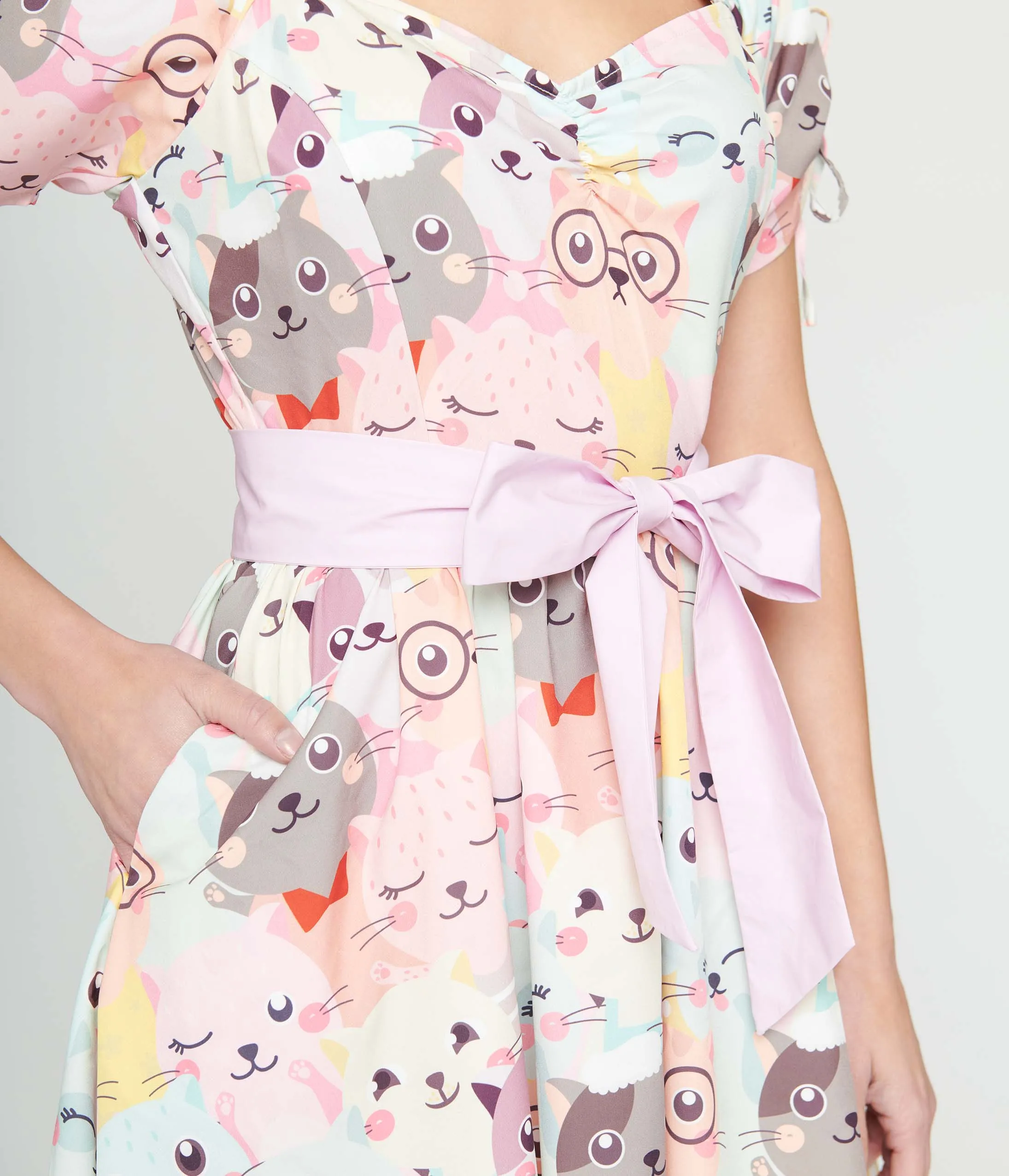 Unique Vintage 1950s Pink & Multicolor Cat Print Dakota Flare Dress sold by Unique Vintage product image thumbnail 2
