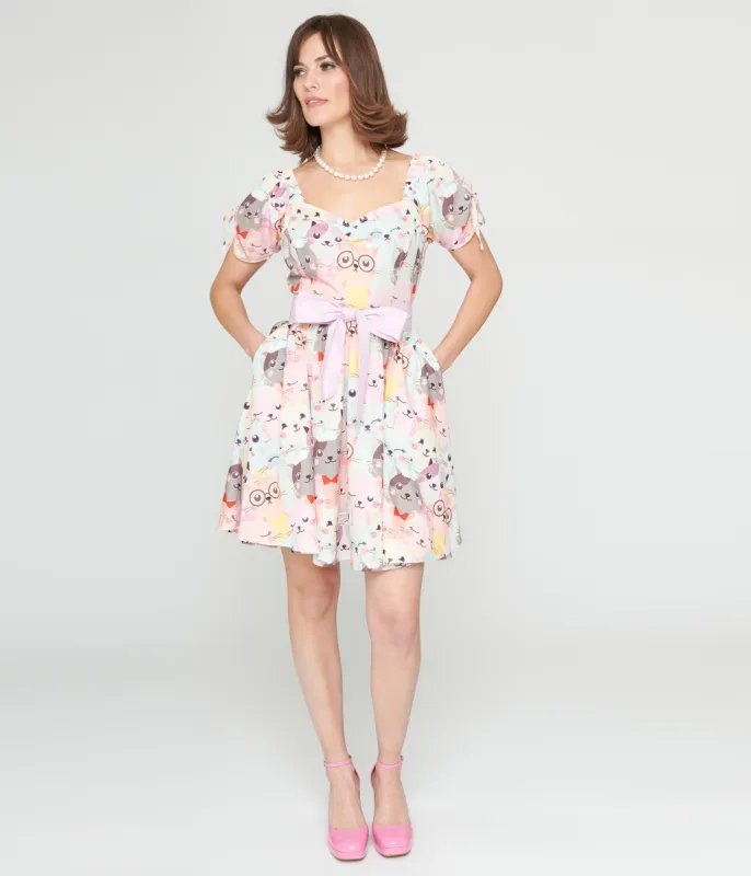 Unique Vintage 1950s Pink & Multicolor Cat Print Dakota Flare Dress sold by Unique Vintage