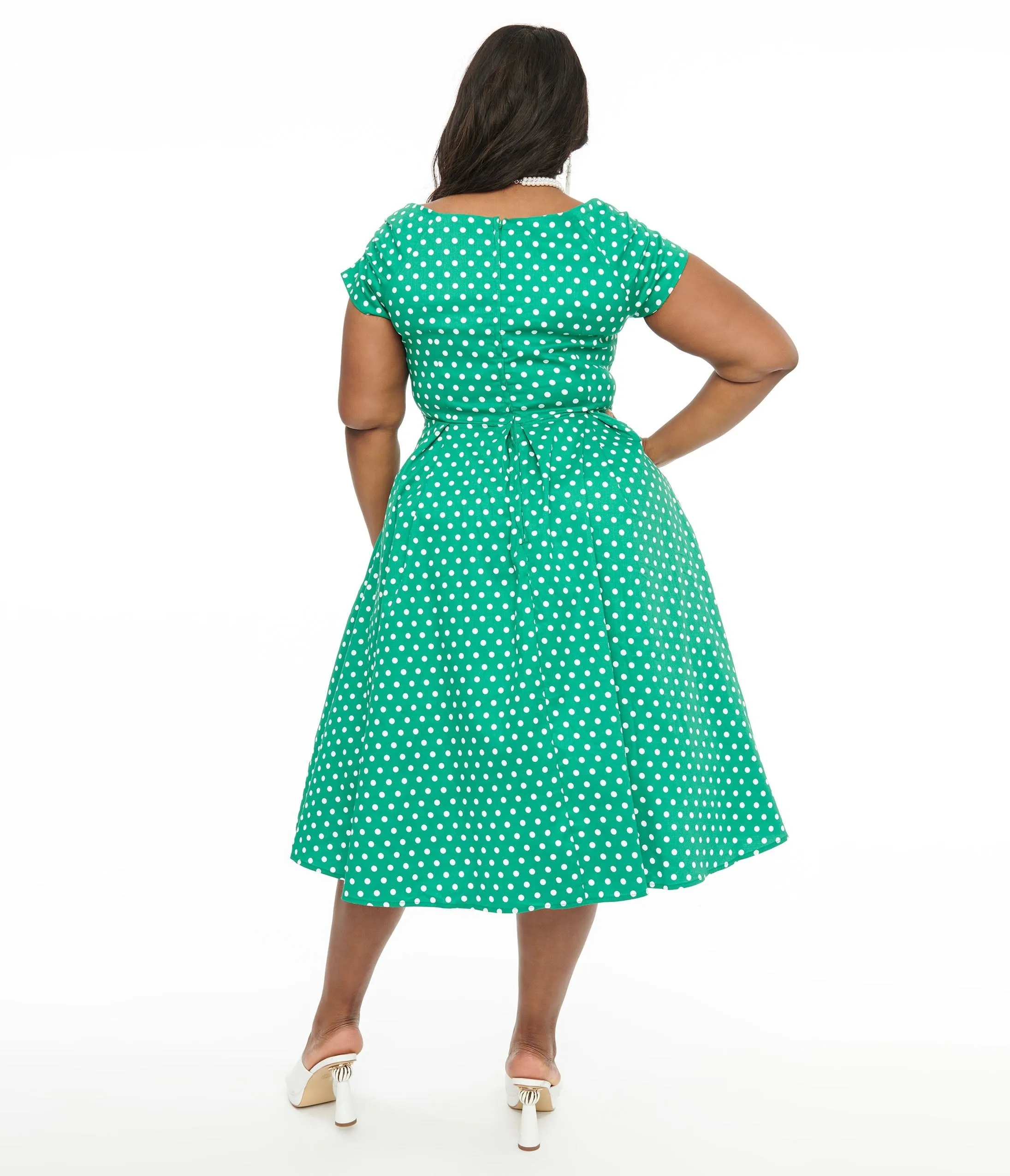 Dolly & Dotty 1950s Green & White Polka Dot Off The Shoulder Lily Swing Dress sold by Unique Vintage product image thumbnail 3
