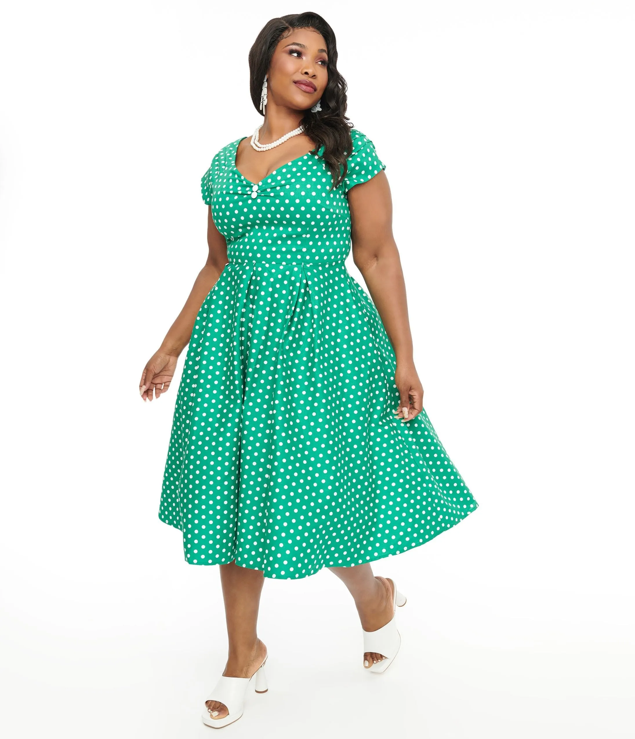 Dolly & Dotty 1950s Green & White Polka Dot Off The Shoulder Lily Swing Dress sold by Unique Vintage