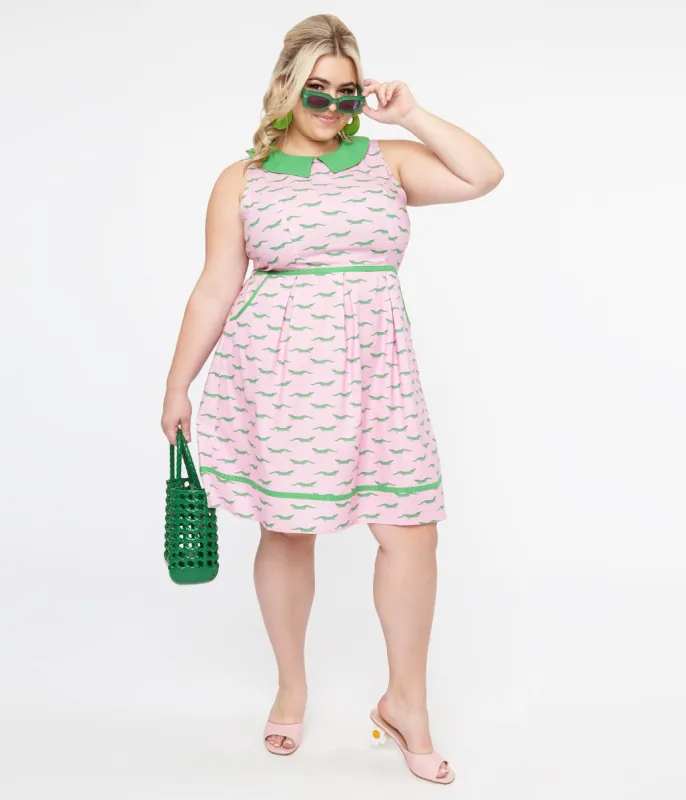 Retrolicious Plus Size 1960s Pink & Green Alligator Collared Fit & Flare Dress sold by Unique Vintage