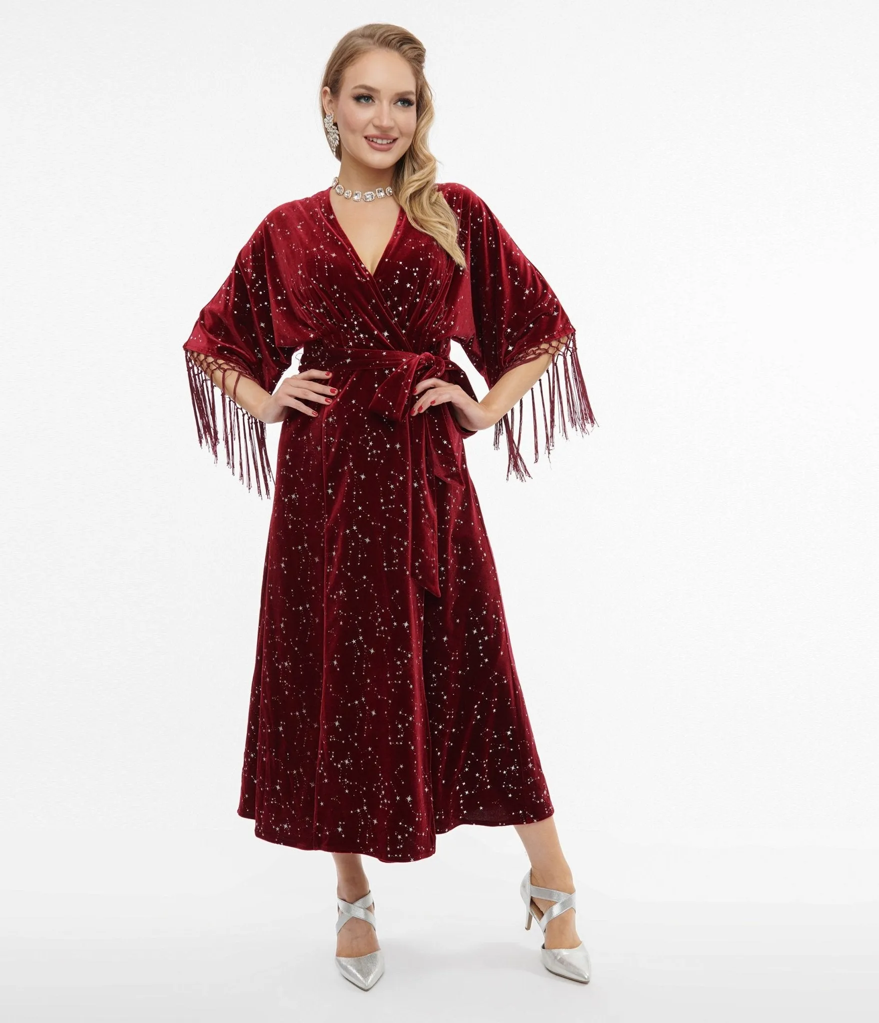 Unique Vintage 1970s Burgundy Velvet Silver Star Wrap Midi Dress sold by Unique Vintage product image thumbnail 3