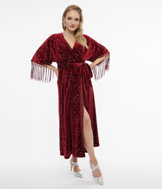 Unique Vintage 1970s Burgundy Velvet Silver Star Wrap Midi Dress sold by Unique Vintage