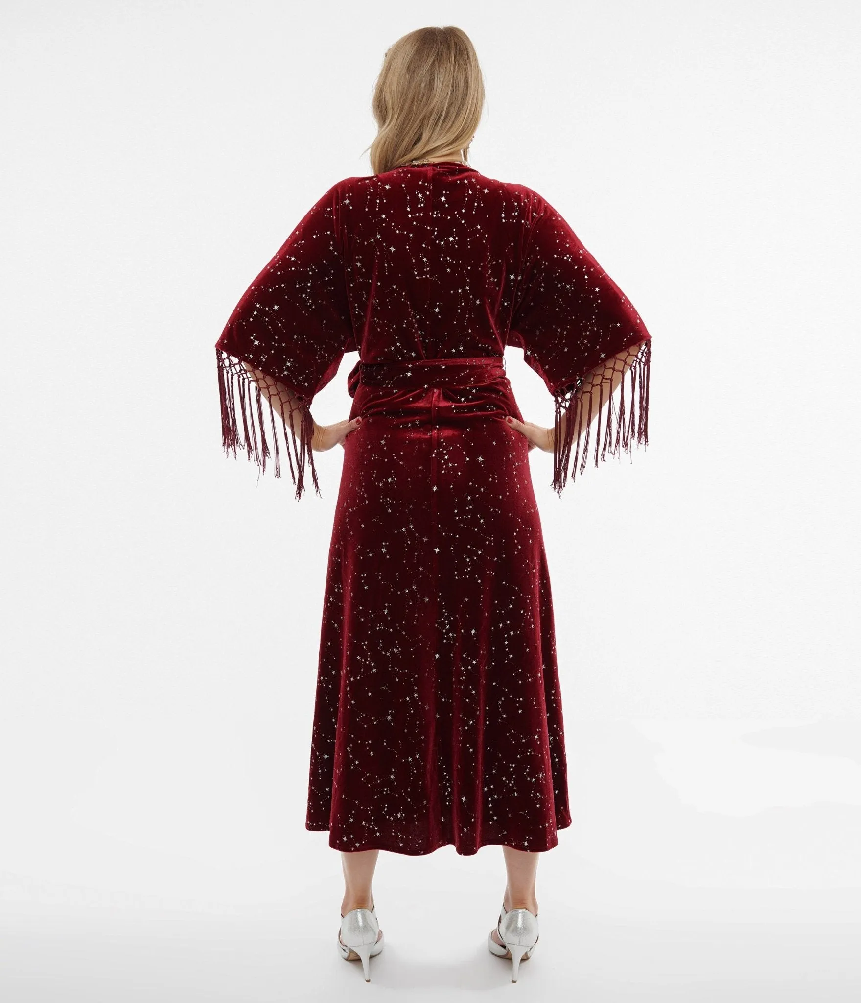 Unique Vintage 1970s Burgundy Velvet Silver Star Wrap Midi Dress sold by Unique Vintage product image thumbnail 2