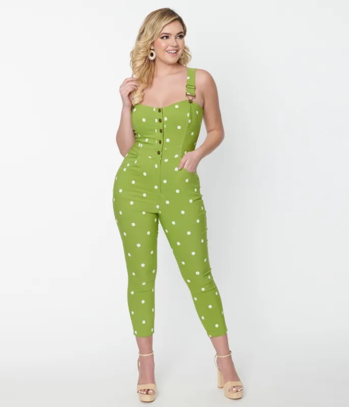 Unique Vintage Green & White Dot Eartha Jumpsuit sold by Unique Vintage