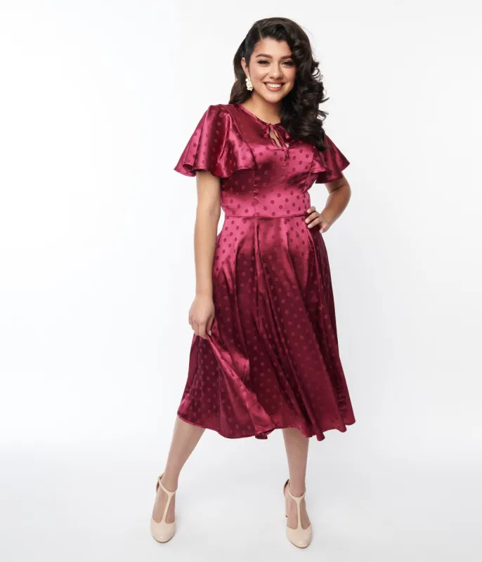 Unique Vintage 1940s Plum Polka Dot Satin Swing Dress sold by Unique Vintage
