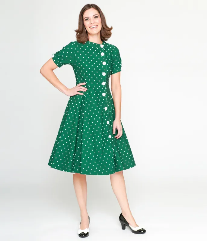 Unique Vintage 1950s Green & White Pin Dot Contrast Button Swing Dress sold by Unique Vintage