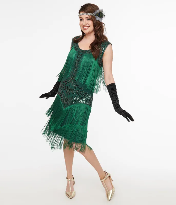 Green Beaded Fringe Flapper Dress sold by Unique Vintage