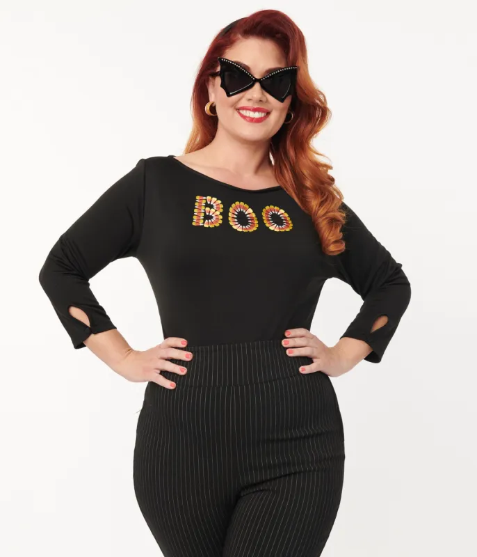 Unique Vintage Black Candy Corn Boo Embroidered Gracie Top sold by Unique Vintage