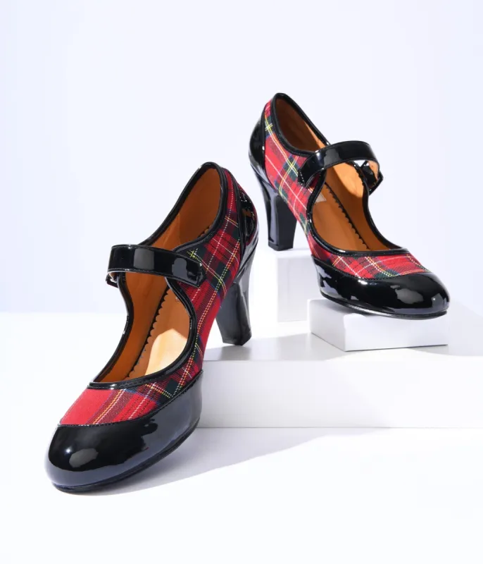 Red Plaid & Black Patent Leatherette Mary Jane Heels sold by Unique Vintage